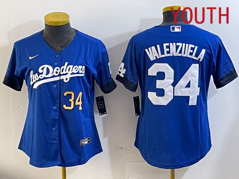 Youth Los Angeles Dodgers 34 Valenzuela 2024 blue jersey 2024112006